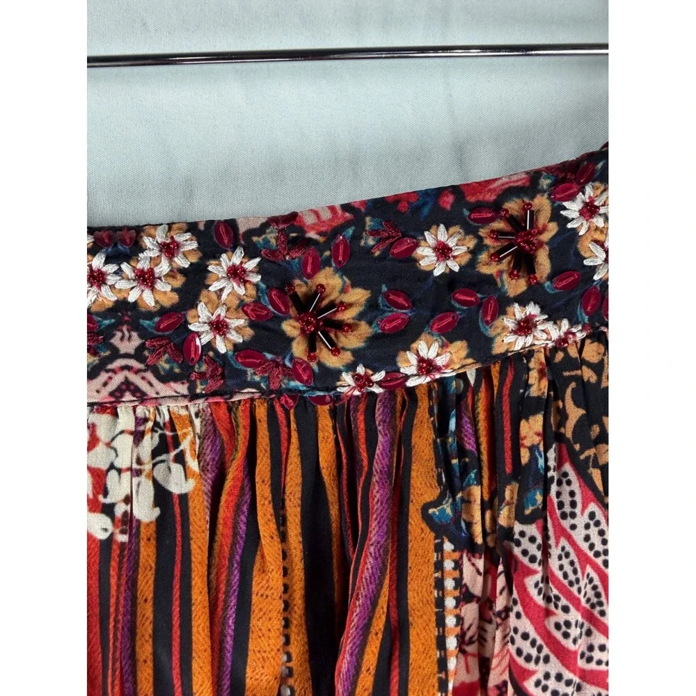 Boho Mixed Print High Low Maxi Skirt with Embroidered Beaded Waistband Viscose - Picture 2 of 9